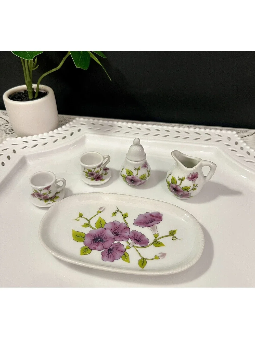 Vintage Royal Norfolk Greenbriar Purple Morning Glory Mini Doll Tea Set